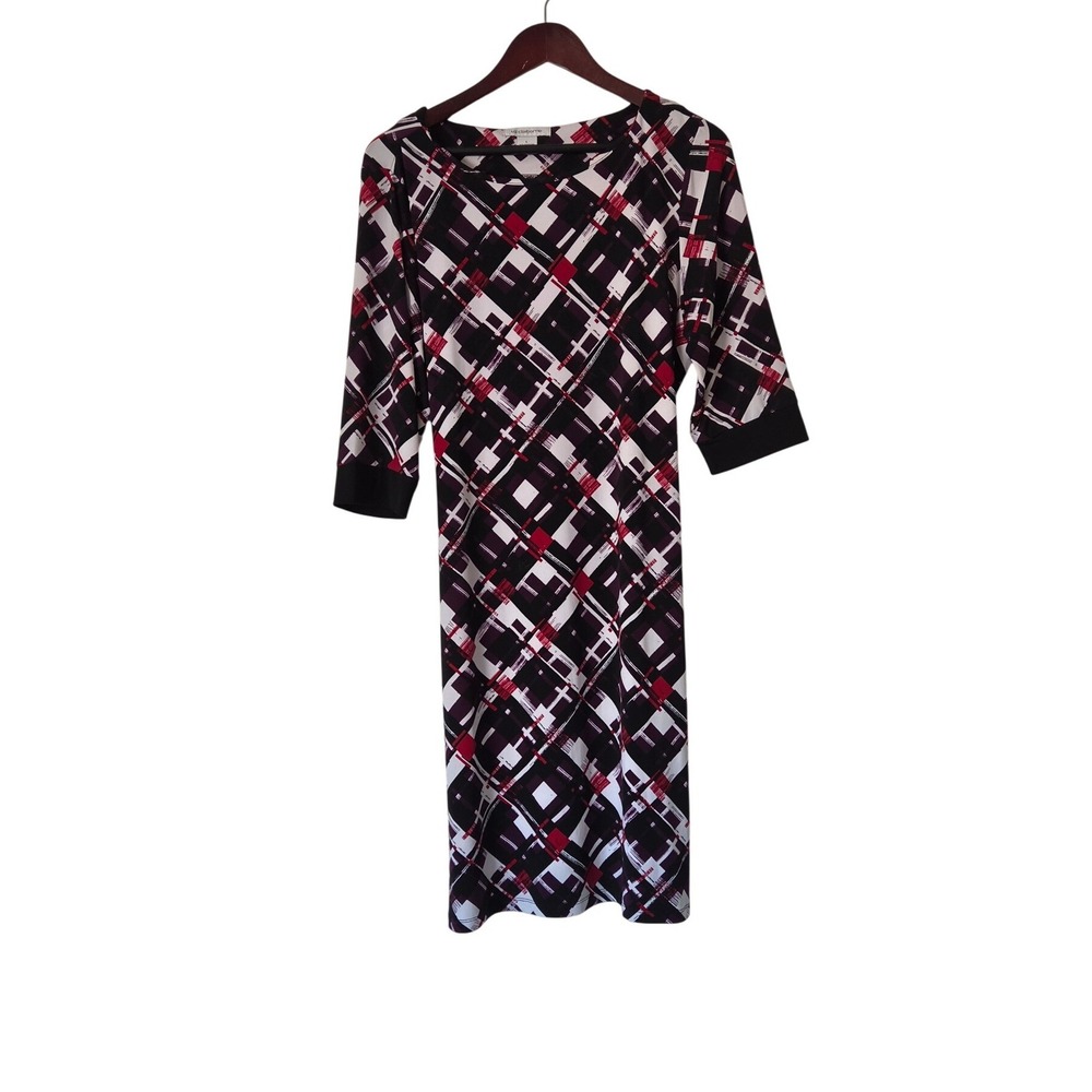 Liz Claiborne Geometric Print Belted Stretch Dress Size L 3/4 Sleeve